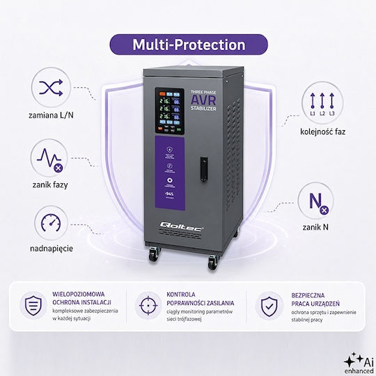 Трифазен Регулатор на Напрежение Qoltec Avr Multiprotection 30 Kva Точност ± 3% Трифазен Серво Мотор Lcd Екран