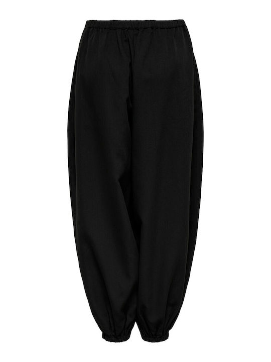 Women's Fabric Trousers with Rubber Band in Loose Fit Black