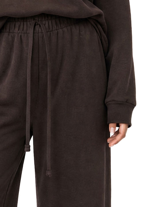 Pantaloni Dama Talie Inalta cu Elastic in Linie Wide Maro