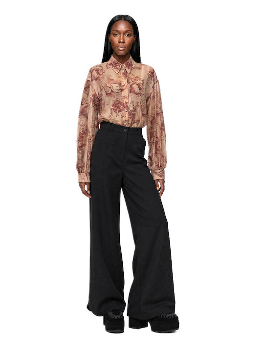 Long Sleeve Women's Shirt Beige-Burgundy