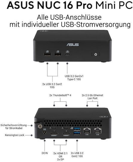 Asus NUC 16 Pro RNUC16GDKW96C4N2 Мини Компютър (Core Ultra X9 378H/32GB DDR5/1.0TB SSD/W11 Pro)