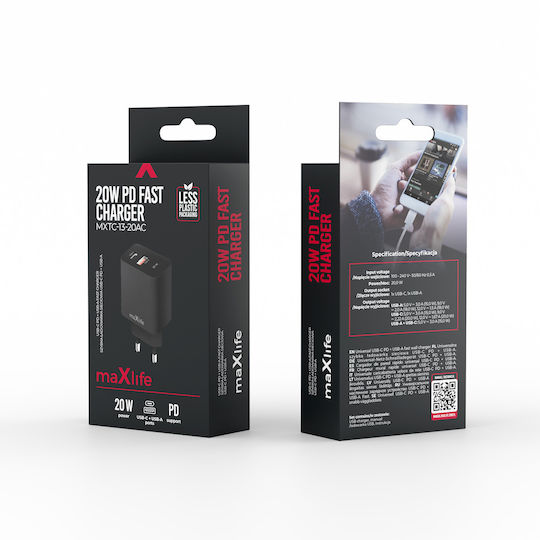 Maxlife Φορτιστής Χωρίς Καλώδιο με Θύρα USB-A και Θύρα USB-C 20W Power Delivery Μαύρος (MXTC-13-20AC)