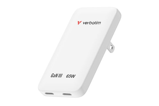 Verbatim Wireless GaN Charger with 2 USB-C Ports 65W Power Delivery White (Essentials Slim)