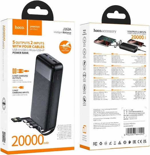 Hoco J163A Power Bank 20000mAh 20W mit 2 USB-A Ausgangsanschlüsse und USB-C Ausgangsanschlüsse Quick Charge Schwarz