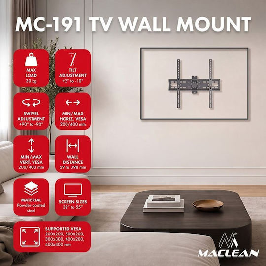 Maclean Energy MC-191 Βάση Τηλεόρασης Τοίχου έως 55" και 30kg Μαύρο