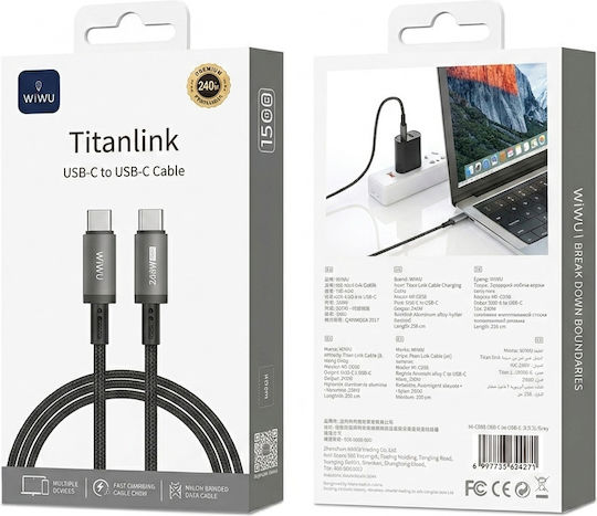 Wiwu Braided Cable USB-C Male - USB-C 240W PD Grey 1.5m Wi-C058