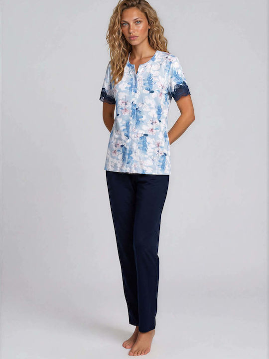 Pink Label Summer Women's Kit Pyjamas Cotton Blue Flowers Pink Label Summer Women's Kit Pyjamas Cotton Blue Flowers