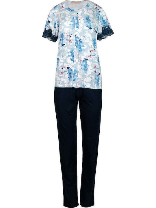 Pink Label Pink Label Sommer Damen Schlafanzug Set Baumwollene Blau Blumen