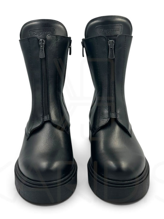 Leder Damen Stiefeletten mit Mittelhohem Absatz Schwarz