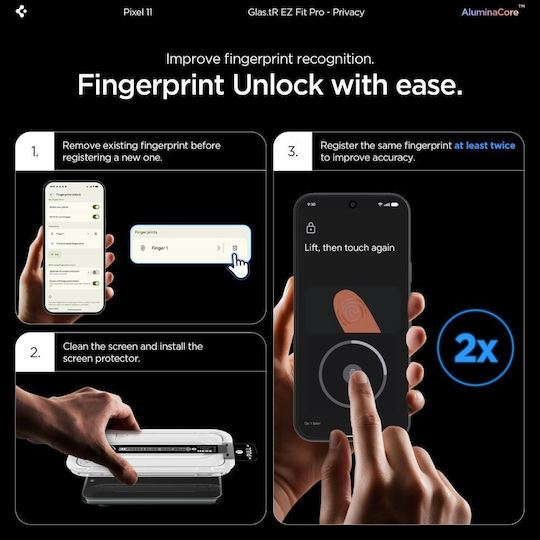 Spigen Sgp Privacy Glass Screen Protector Glas.tr ”Ez Fit” Ac Pro 2-Pack Slim Fc Compatible with Google Pixel 10 11 2 Tempered Transparent Agl11546