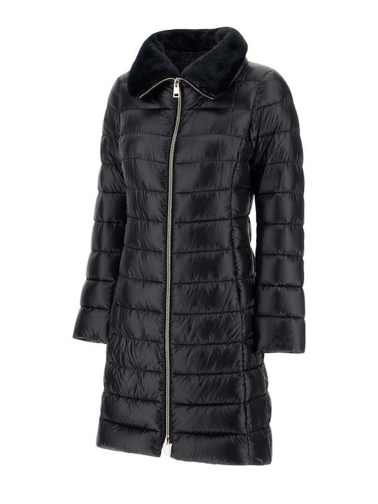 Woven Long Women's Puffer Jacket for Winter Black