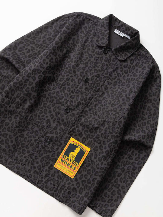 Short Sleeve Cotton Shirt in Wide Line Black Leopard