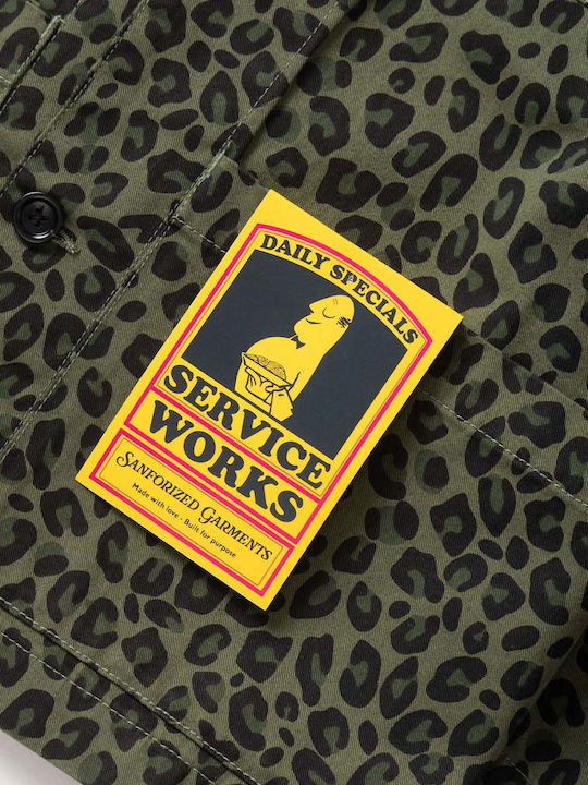 Short Sleeve Cotton Shirt in Wide Line Green Leopard