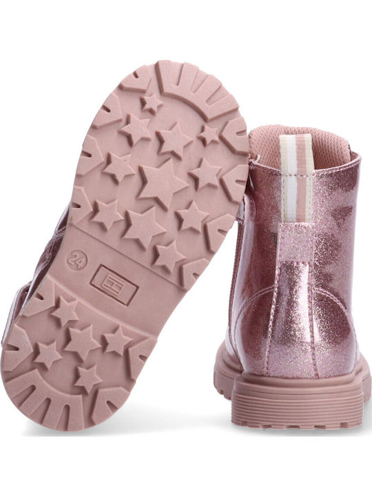 Leather Kids Military Boots with Laces Pink