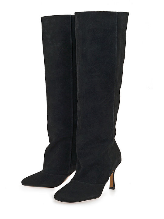 Wildleder Damenstiefel mit Hohem Absatz Schwarz