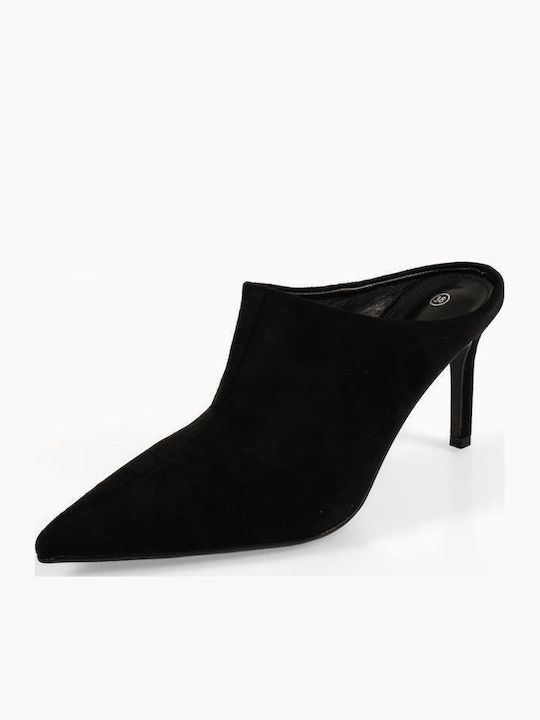 Suede Mules With Thin High Heel In Black Colour