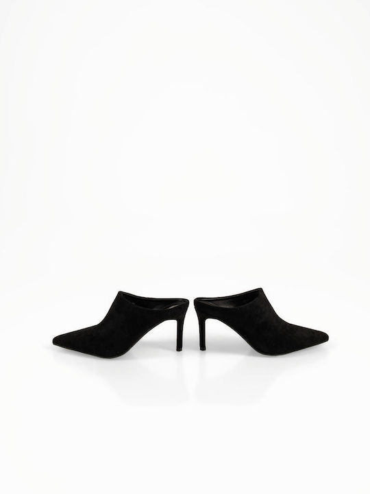 Suede Mules With Thin High Heel In Black Colour