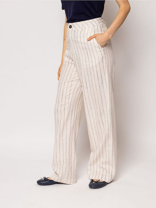 Pantaloni Dama Din Țesătură În Linie Wide Cu Dungi Bej