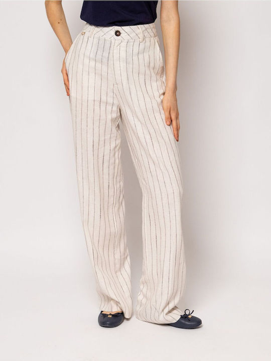 Pantaloni Dama Din Țesătură În Linie Wide Cu Dungi Bej