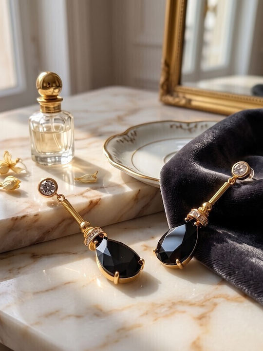 Sk3585 Висящи Обици Черна Кристална Капка и Позлатен Скелет – Grekas Jewelry