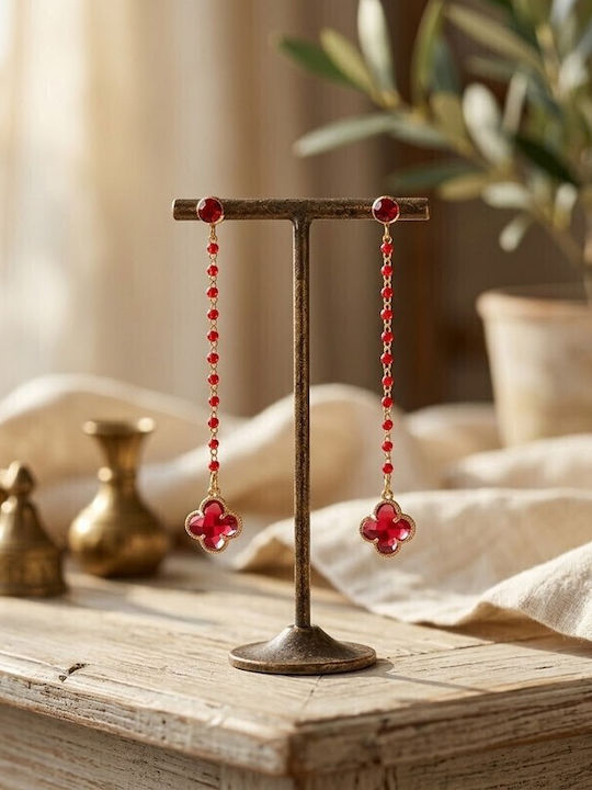 Sk3582 Дълги Висящи Обици Верижка Червено Четирилистна Детелина Clover – Grekas Jewelry