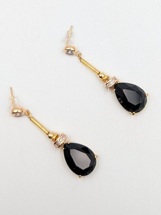 Sk3585 Висящи Обици Черна Кристална Капка и Позлатен Скелет – Grekas Jewelry