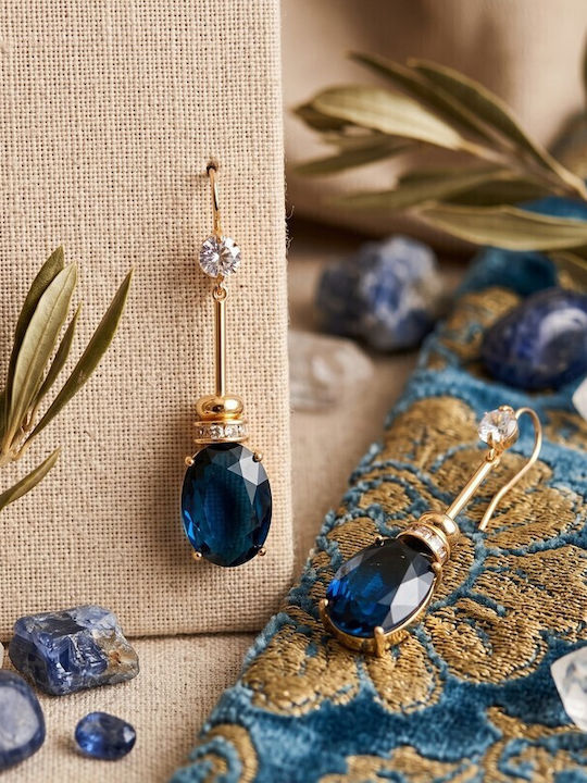 Sk3591 Висящи Обици Сини Кристали И Позлатен Скелет – Grekas Jewelry