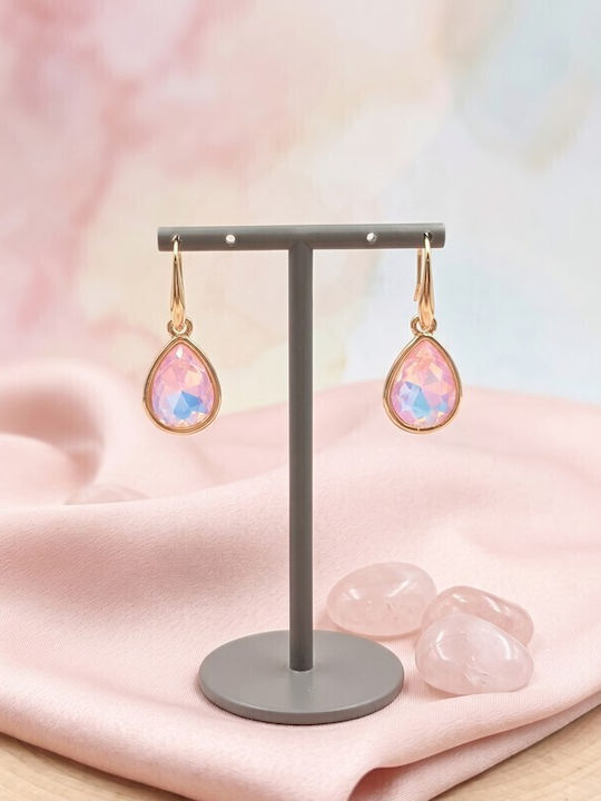 Sk3603 Висящи Обици Иридисцентна Розова Капка и Позлатен Кука – Grekas Jewelry