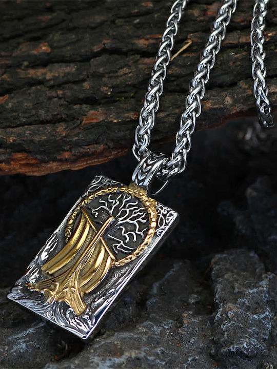 Men's Viking Dromon Ship Tree of Life Yggdrasil Pendant Silver Gold Chain