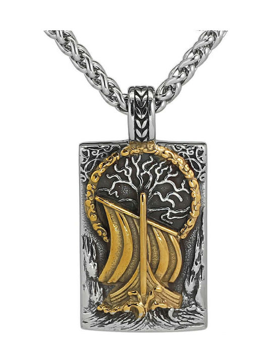 Men's Viking Dromon Ship Tree of Life Yggdrasil Pendant Silver Gold Chain