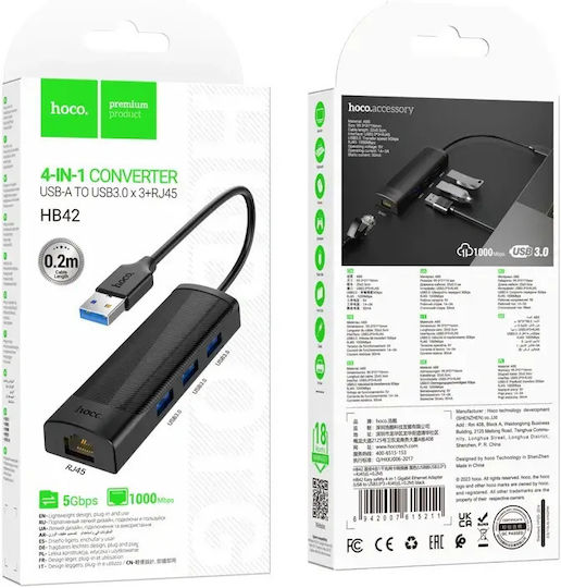 Hoco HB42 Easy Hub 4 Порта USB 3.0 с Връзка USB-A / Ethernet