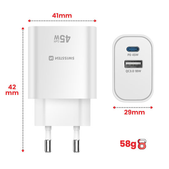 Swissten 45w Usb-c Power Delivery Charger Usb-a Quick Charge 3.0 18w White