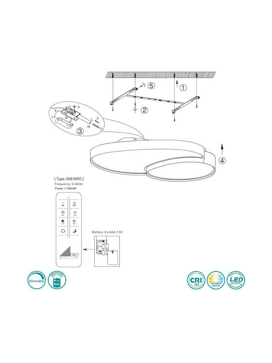 Trio Lighting Πλαφονιέρα Οροφής 77εκ. Μαύρη με Ενσωματωμένο LED και Τηλεχειριστήριο