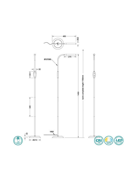 Trio Lighting LED Floor Lamp H145xW21cm. with Adjustable White Light 700lm White