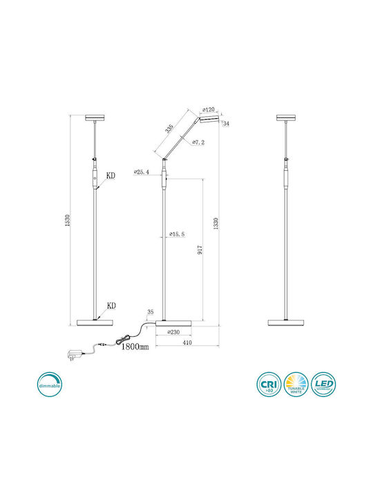 Trio Lighting Franklin LED Stehleuchte H133xB23cm. mit Einstellbarem Weißem Licht 650lm Silber
