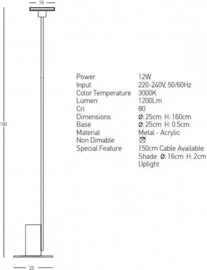 Zambelis Lights LED Floor Lamp H160xW25cm. with Warm White Light 1200lm Black