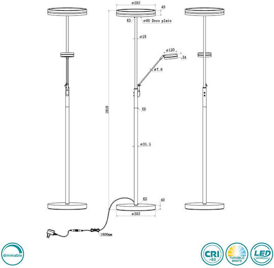 Trio Lighting Franklin LED Φωτιστικό Δαπέδου Υ181xΜ35.2εκ. με Ρυθμιζόμενο Λευκό Φως 4100lm Μαύρο