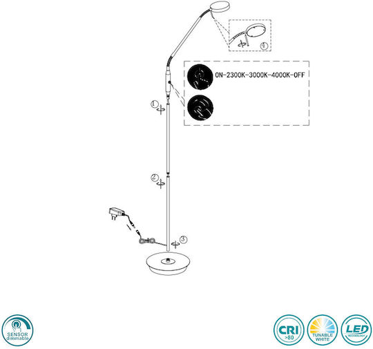 Trio Lighting Monza LED Floor Lamp H145xW50cm. with Natural White Light 1400lm White