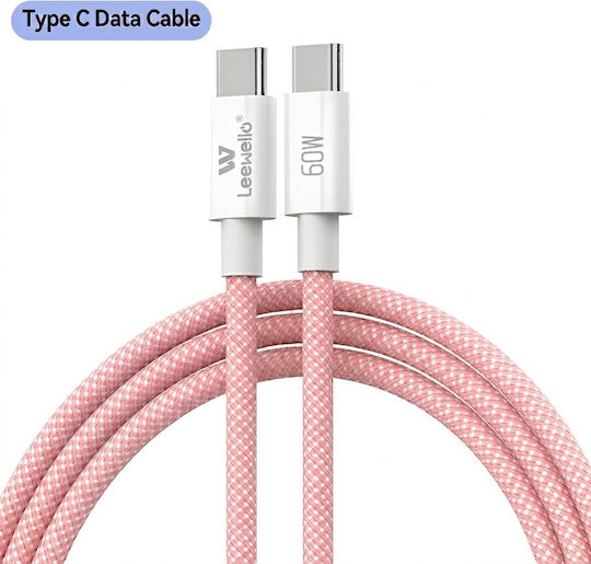 Leewello Braided USB-C Male To USB-C 60W PD Pink 1m Cable