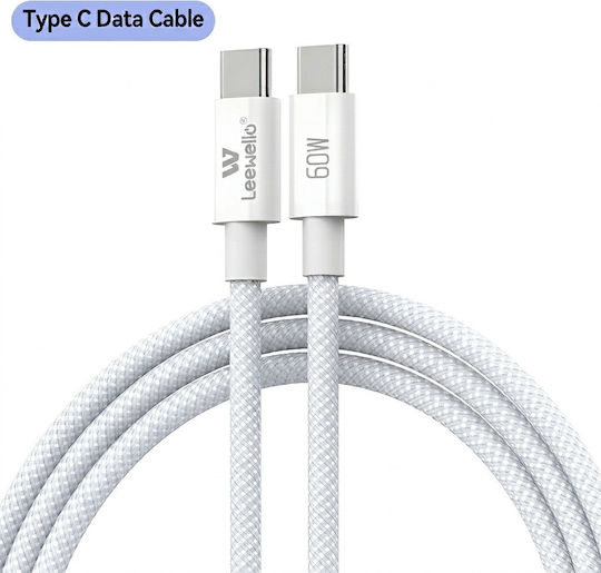 Leewello Braided USB-C Male To USB-C 60W PD Cable White 1m 6901777832075-WHT
