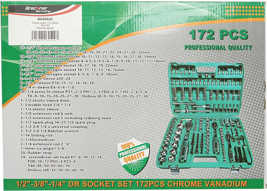Breckner Ключ с Тресчотка и Гедорета 1\4" & 3\8" & 1\2" 172бр