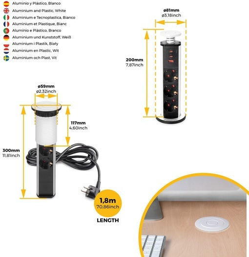 Emuca Τριπλή Πρίζα Ρεύματος με 1 Θύρα USB με Καπάκι Λευκή