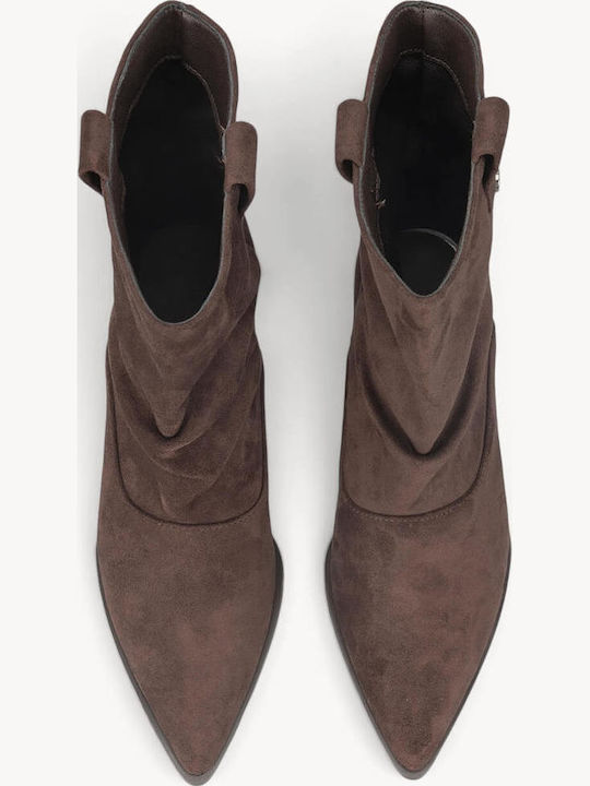 Brown Suede Ankle Boots Metallic Button Kitten Heel