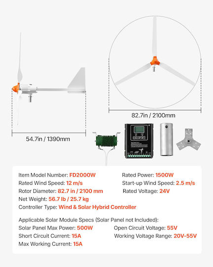 Vevor Ανεμογεννήτρια Ονομαστικής Ισχύος 1500W FSSFLWLFDJMPAAXPB001V9