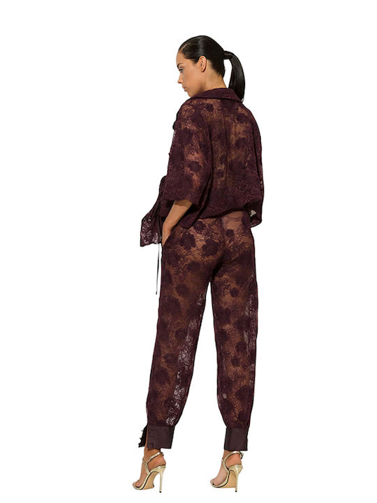 Damen Satin Hose Blumen Burgundisch