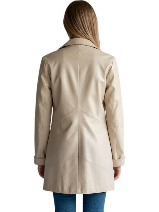 Leather Women's Coat Ecru with Buttons