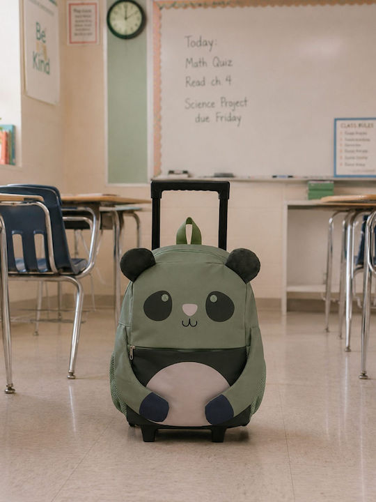 abo Born To Be Pandastic School Trolley Bag Kindergarten With Water Bottle Holder Green 26 x 12 x 35cm