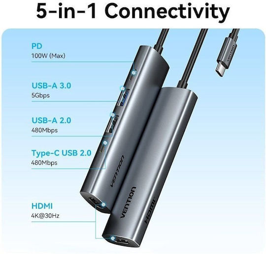 Vention USB-C Docking Station με HDMI PD Γκρι (TGLHB)