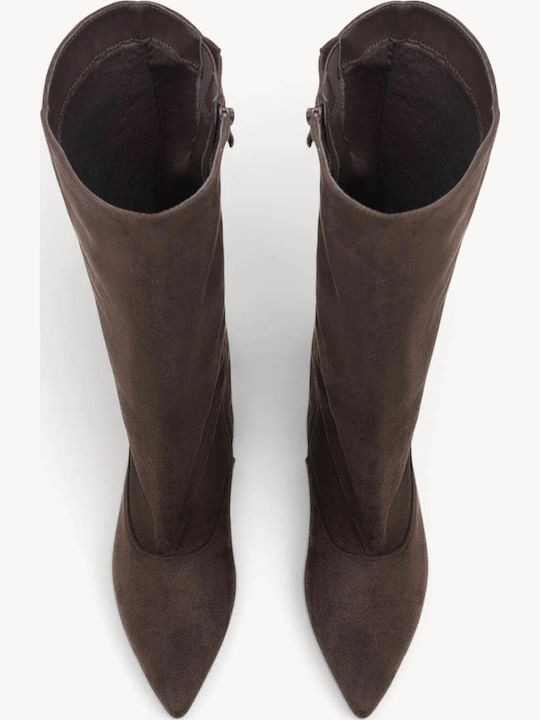 Braune Wildleder Damenstiefel Mit Dünner Optik Niedriger Absatz
