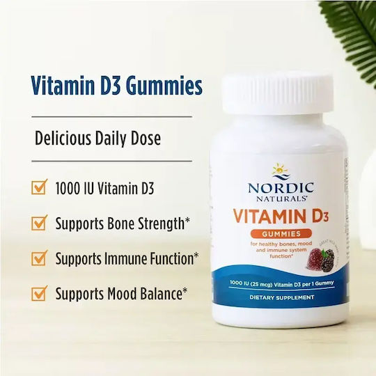 Nordic Naturals Vitamina D3 pentru Întărirea Imunității și Sănătatea Oaselor 1000iu 1.4mg Fructe de Pădure 2gr 60 Gummies